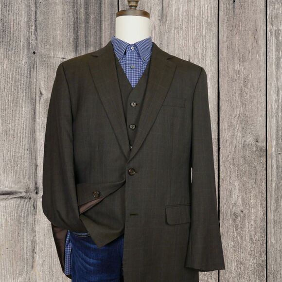 Ralph Lauren Sport Coat Blazer Mens Two Button 42L Brown Blue Plaid Wool